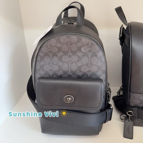 NWT Coach Turnlock Sling Pack In Signature Canvas CAJ92 Gunmetal/Charcoal/Black